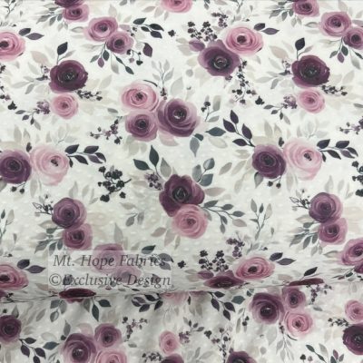 Swiss Dot Knit- Plum Roses on White