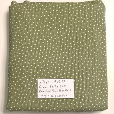 Remnant- 2 1/3 Yard Piece Green Polka Dot Rib Knit