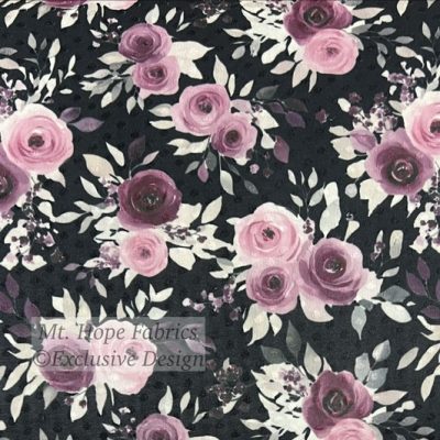 Swiss Dot Knit- Plum Roses on Black