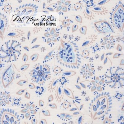 Linen Look Leaf Floral 117- Ivory/Blue
