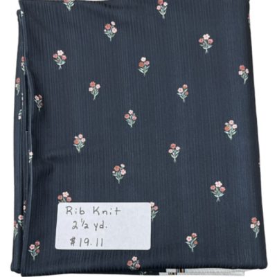 Remnant- 2 1/2 yard piece Rib Knit, Black Delicate Blooms